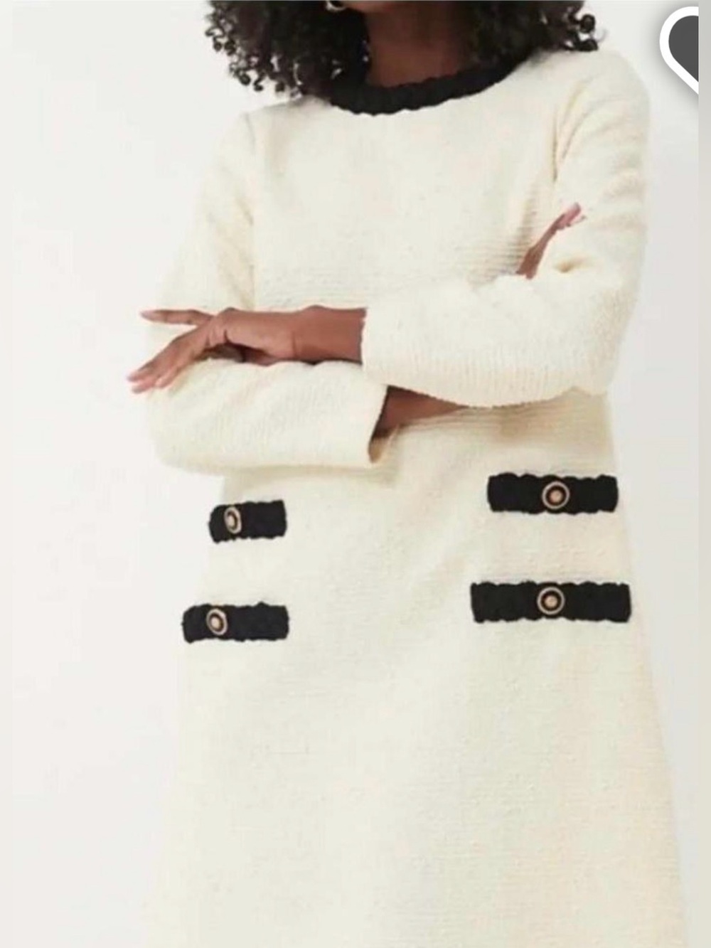 Tuckernuck Jackie Cream Long-Sleeve Tweed Shift Dress with Black Trim